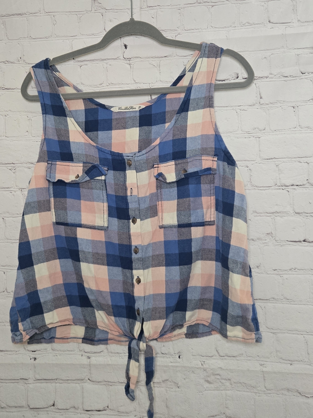 Vanilla Star Blue & Pink Cotton Plaid Tie Front Tank CotteageCore Western Pinic